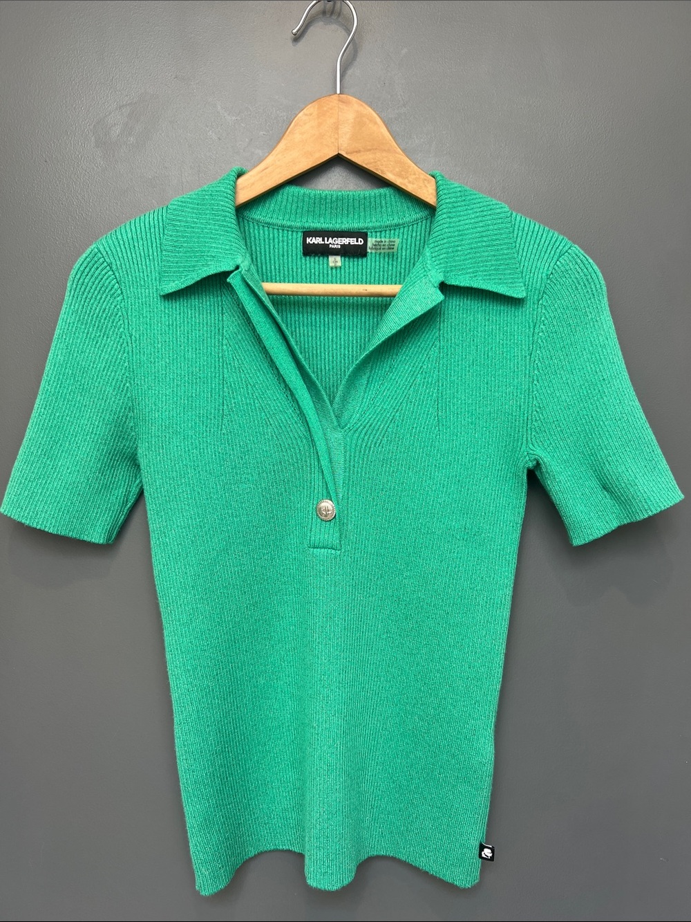 KARL LAGERFELD Emerald Green Short-Sleeve Polo Knit Top